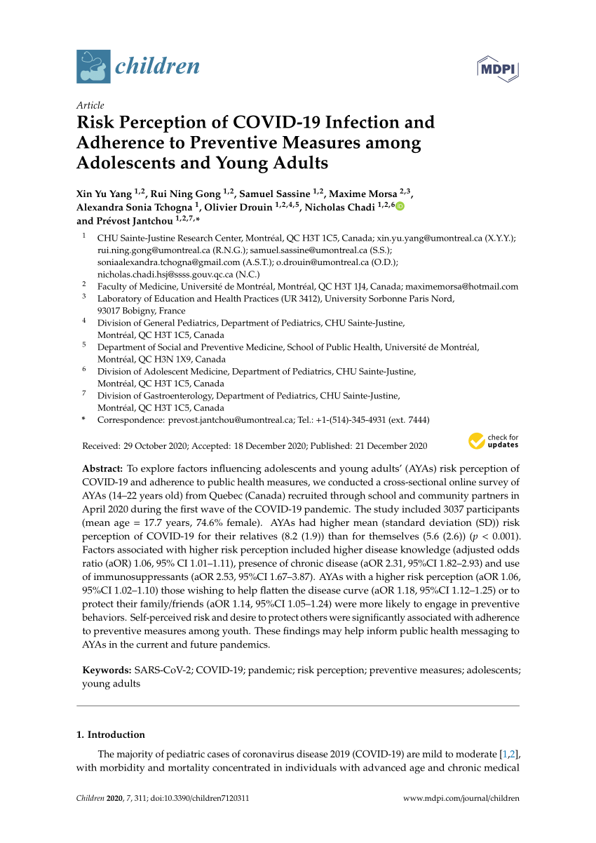 PDF) Risk Perception of COVID-19 Infection and Adherence to Preventive  Measures among Adolescents and Young Adults