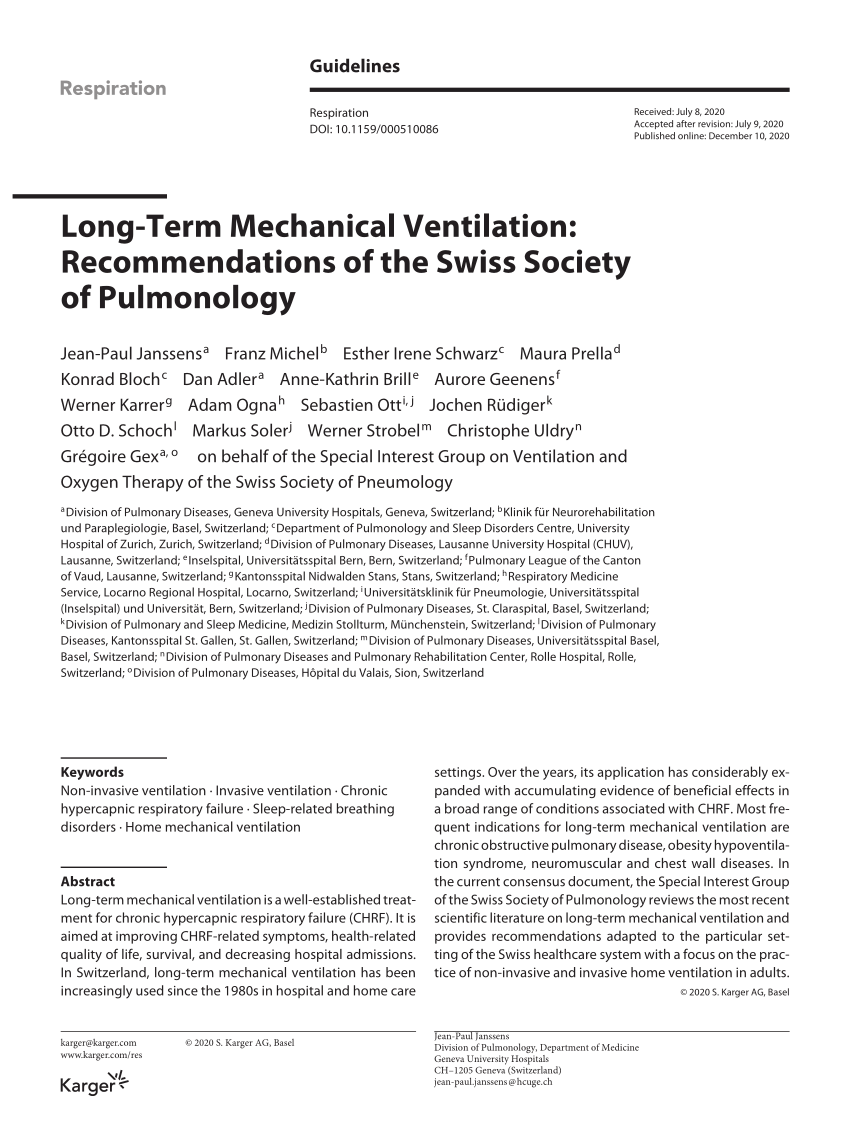 Long-Term Mechanical Ventilation: Recommendations the Swiss Society of