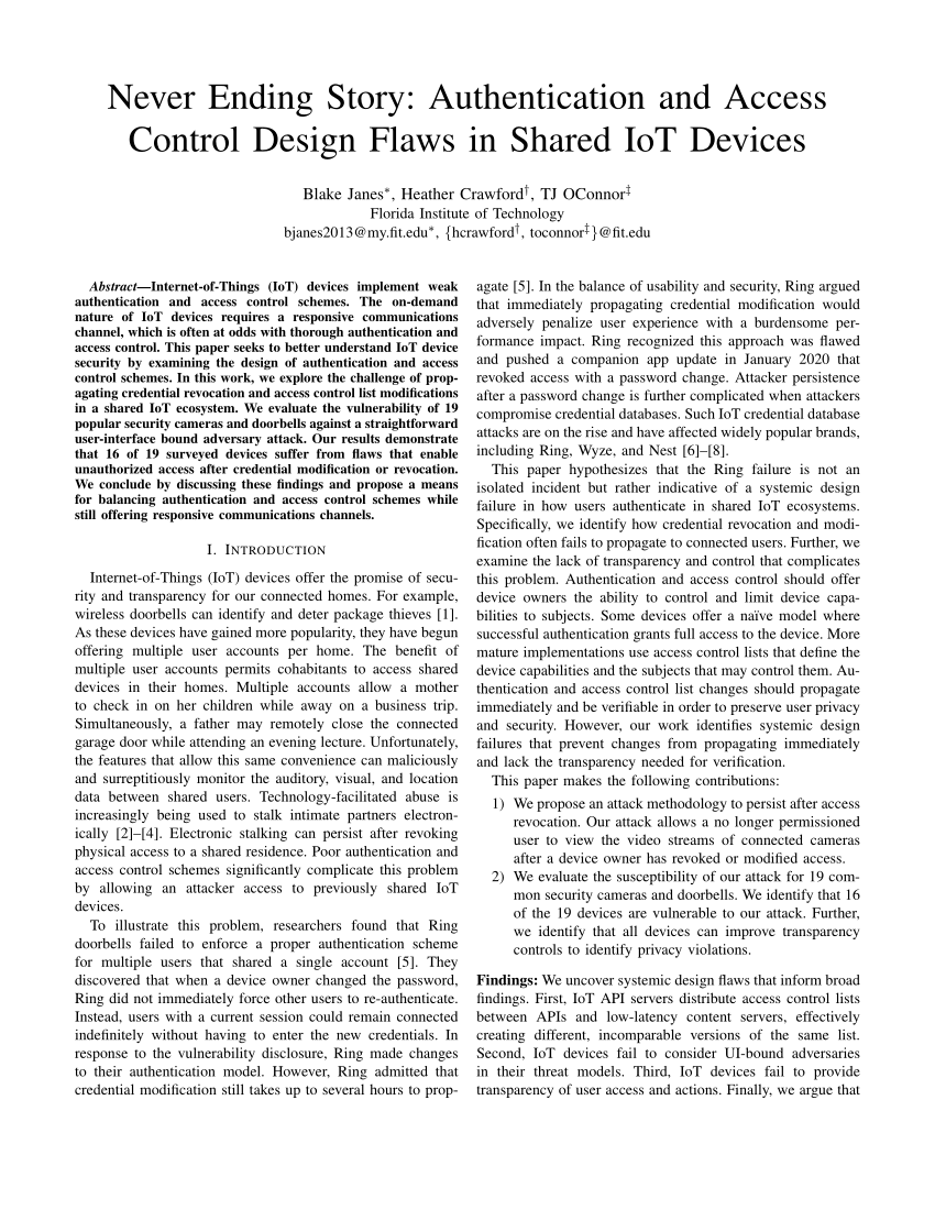 PDF) Never Ending Story: Authentication and Access Control Design Flaws in  Shared IoT Devices