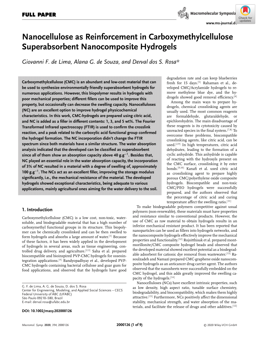 Pdf Nanocellulose As Reinforcement In Carboxymethylcellulose Superabsorbent Nanocomposite Hydrogels