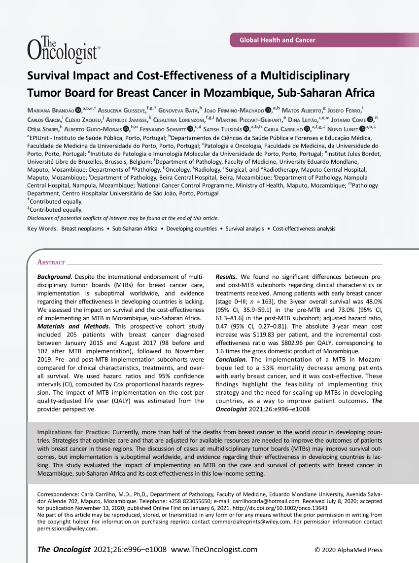 Pdf Survival Impact And Cost‐effectiveness Of A Multidisciplinary Tumor Board For Breast 