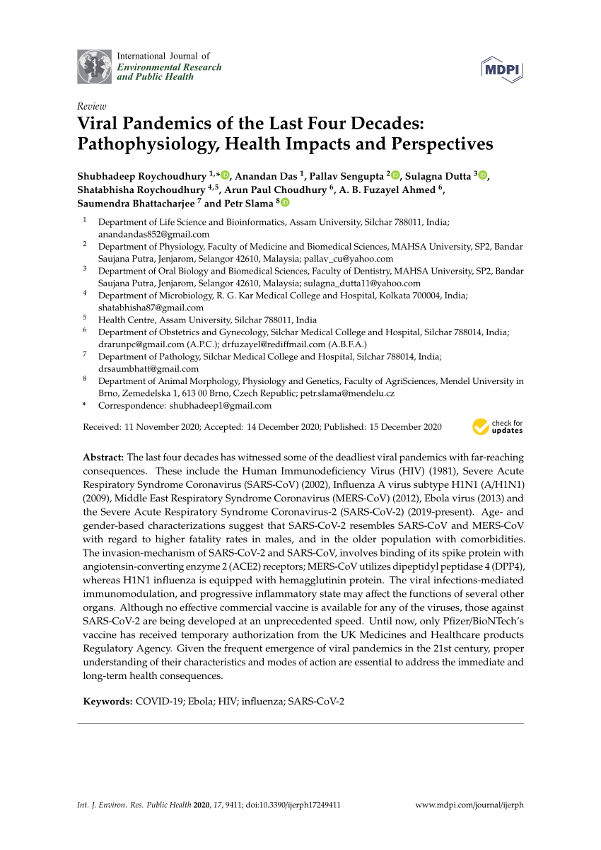 Pdf Viral Pandemics Of The Last Four Decades Pathophysiology Health Impacts And Perspectives 