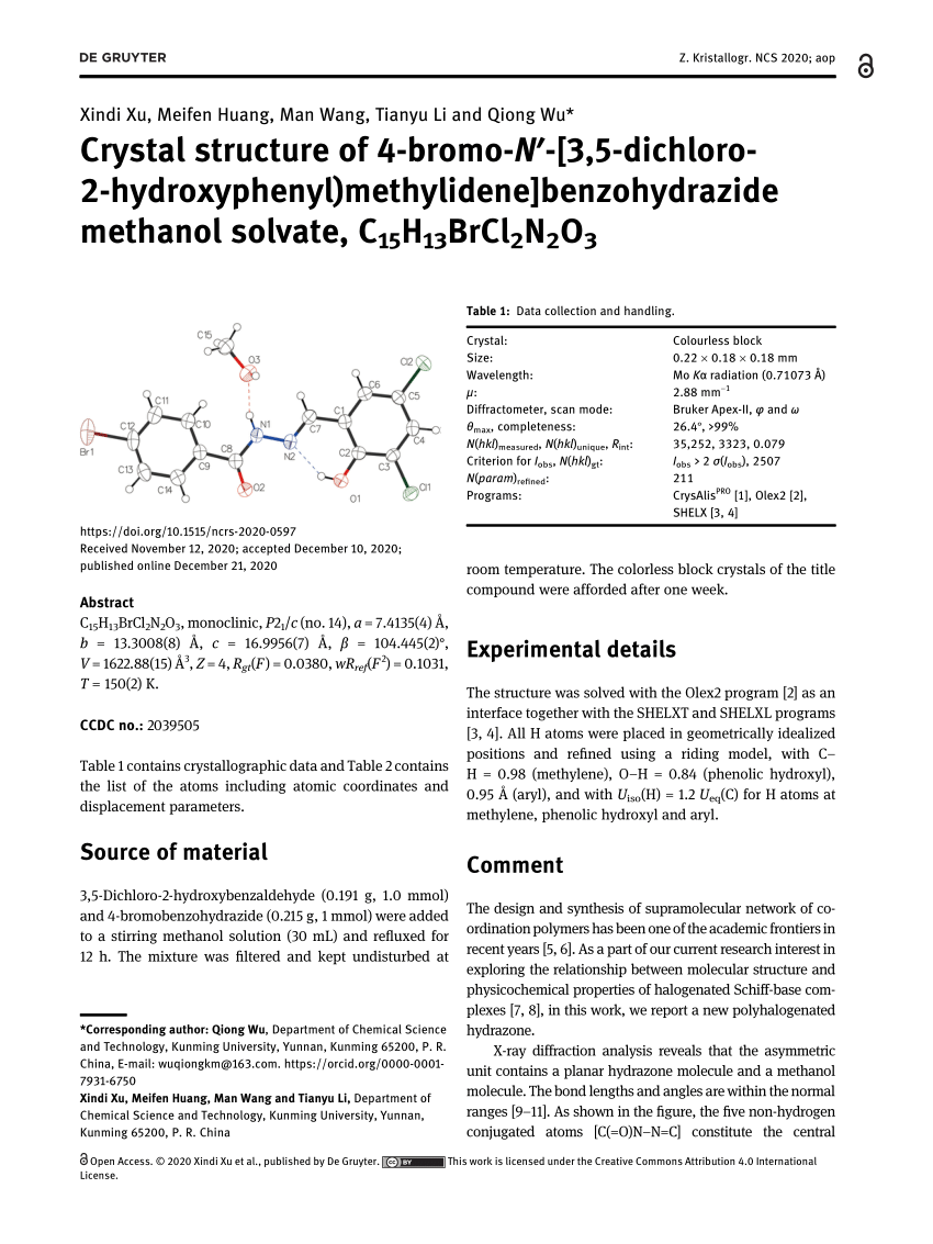 Pdf Crystal Structure Of 4 Bromo N 3 5 Dichloro 2 Hydroxyphenyl Methylidene Benzohydrazide Methanol Solvate C15h13brcl2n2o3