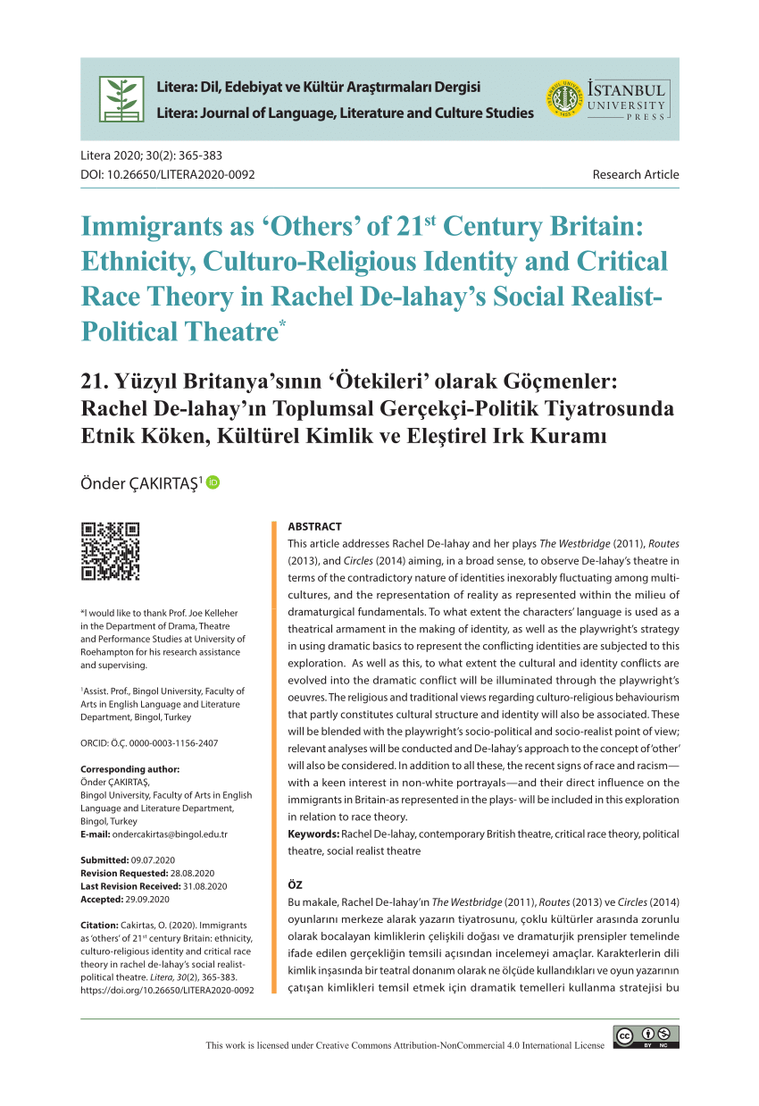 Pdf Immigrants As Others Of 21 St Century Britain Ethnicity Culturo Religious Identity And Critical Race Theory In Rachel De Lahay S Social Realist Political Theatre