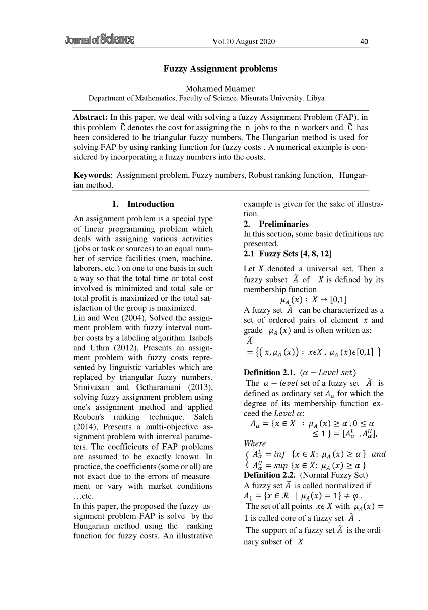 fuzzy number in assignment problem