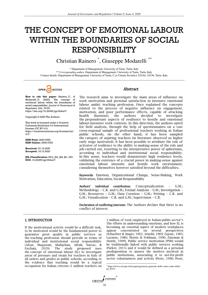 Pdf The Concept Of Emotional Labour Within The Boundaries Of Social Responsibility