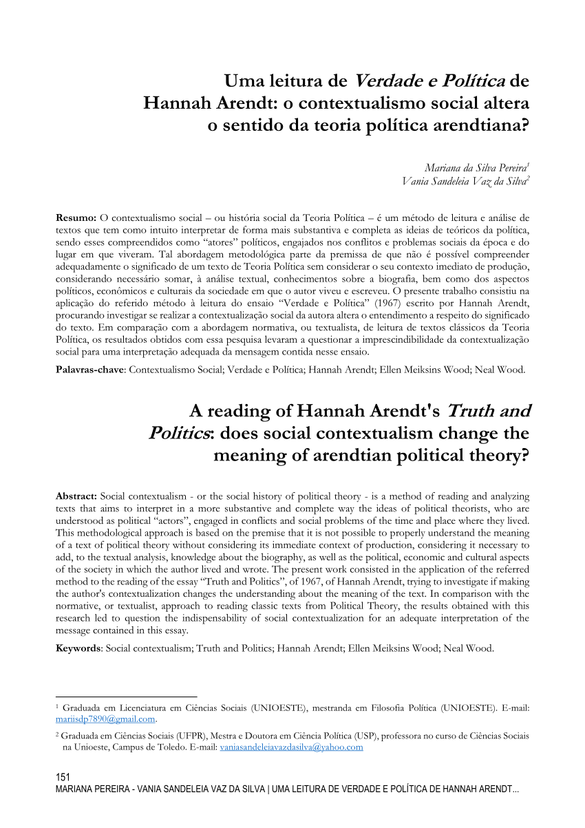 Pdf Uma Leitura De Verdade E Política De Hannah Arendt O Contextualismo Social Altera O