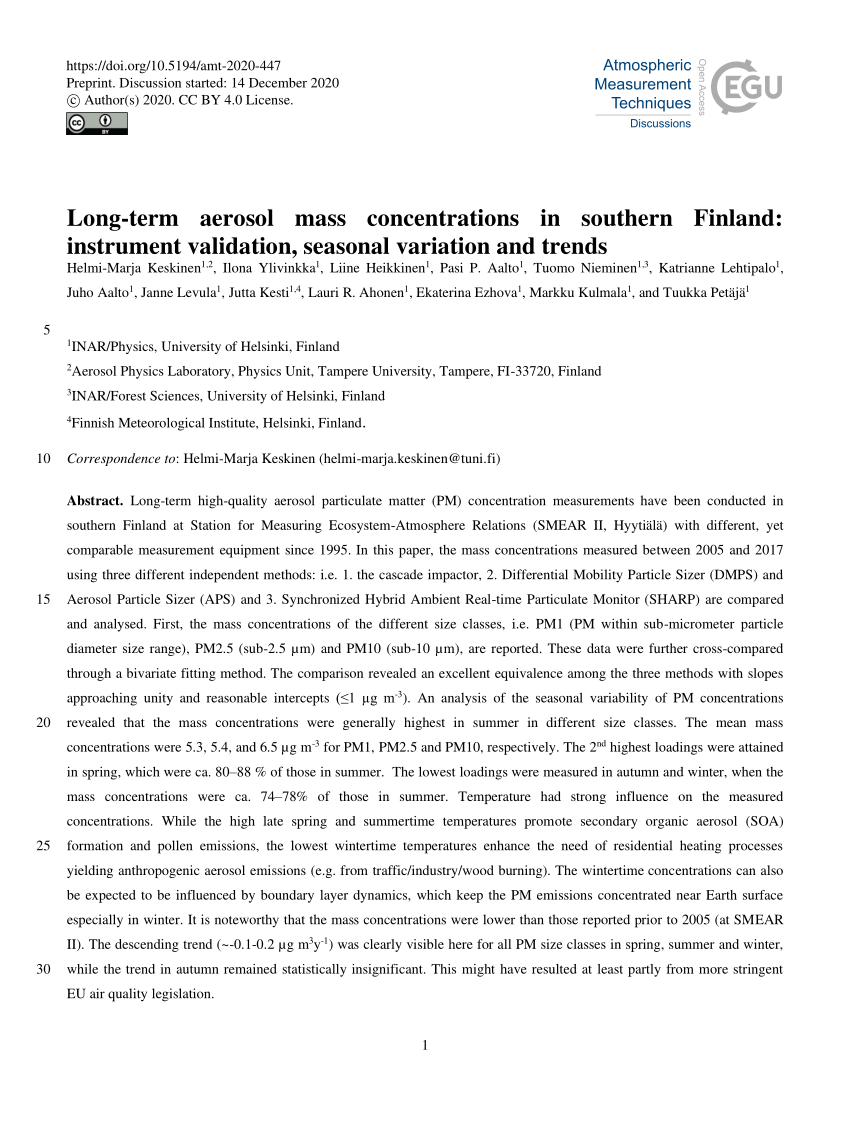 PDF) Long-term aerosol mass concentrations in southern Finland: instrument  validation, seasonal variation and trends