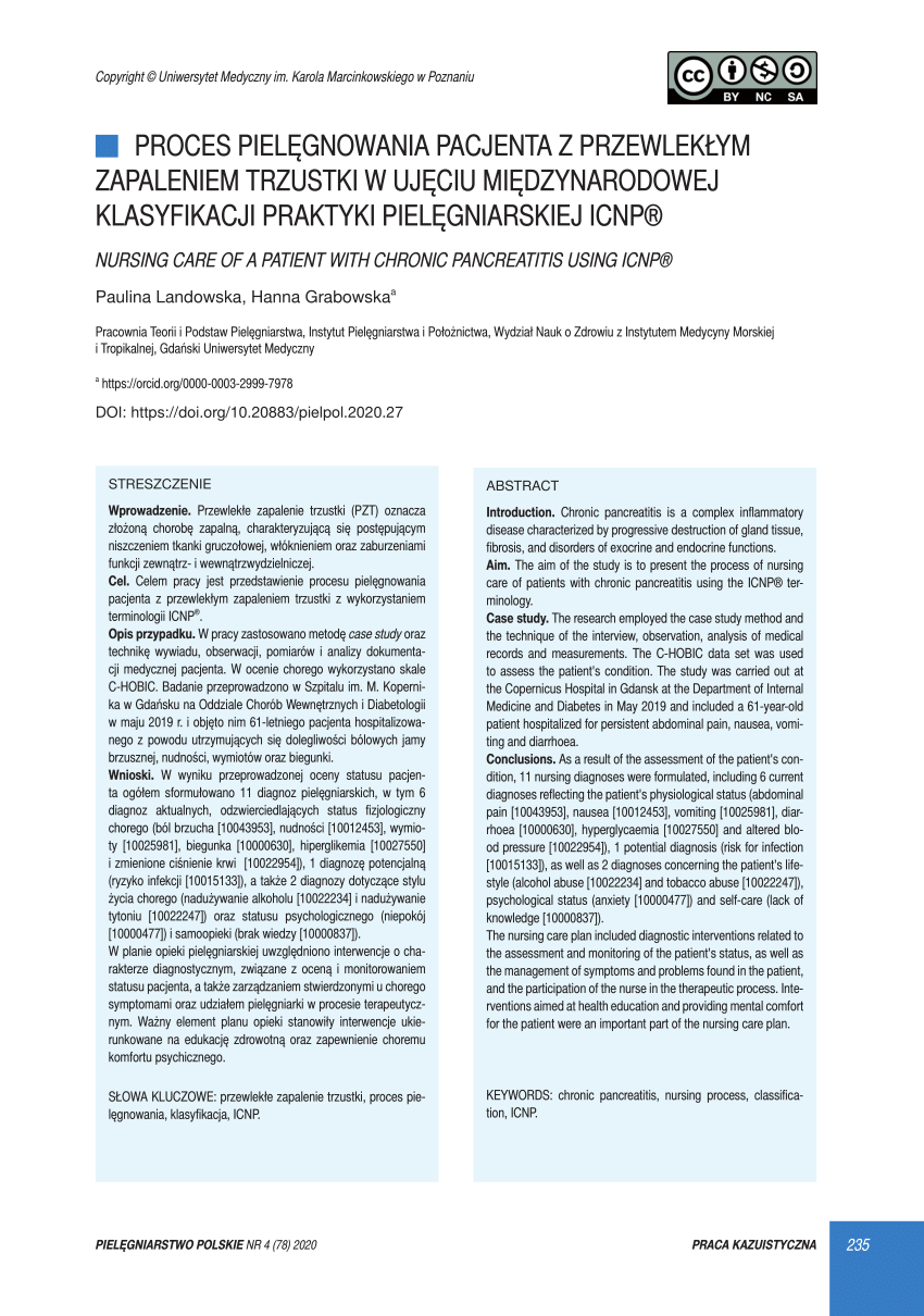 Proces Pielegnowania Pacjenta Z Rakiem Pluc (PDF) Proces pielęgnowania pacjenta z przewlekłym zapaleniem trzustki w ujęciu Międzynarodowej