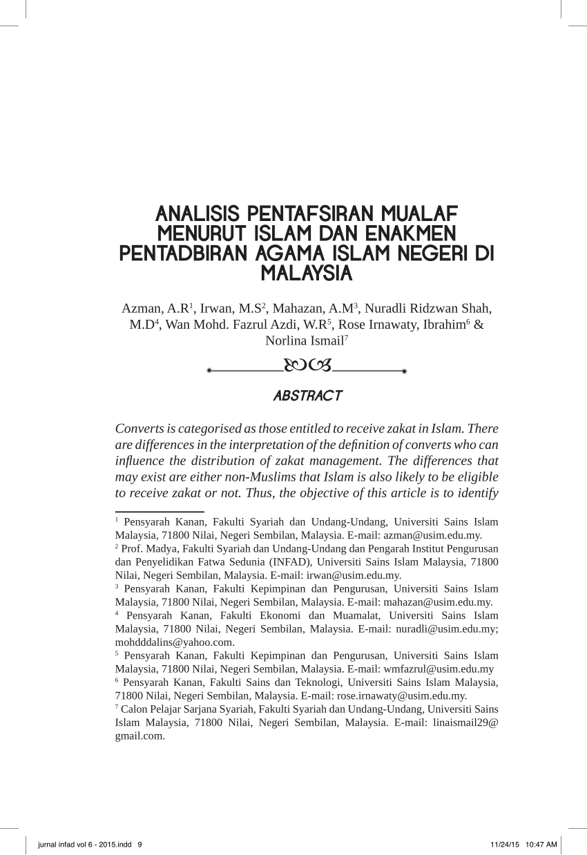 Pdf Analisis Pentafsiran Mualaf Menurut Islam Dan Enakmen Pentadbiran Agama Islam Negeri Di Malaysia