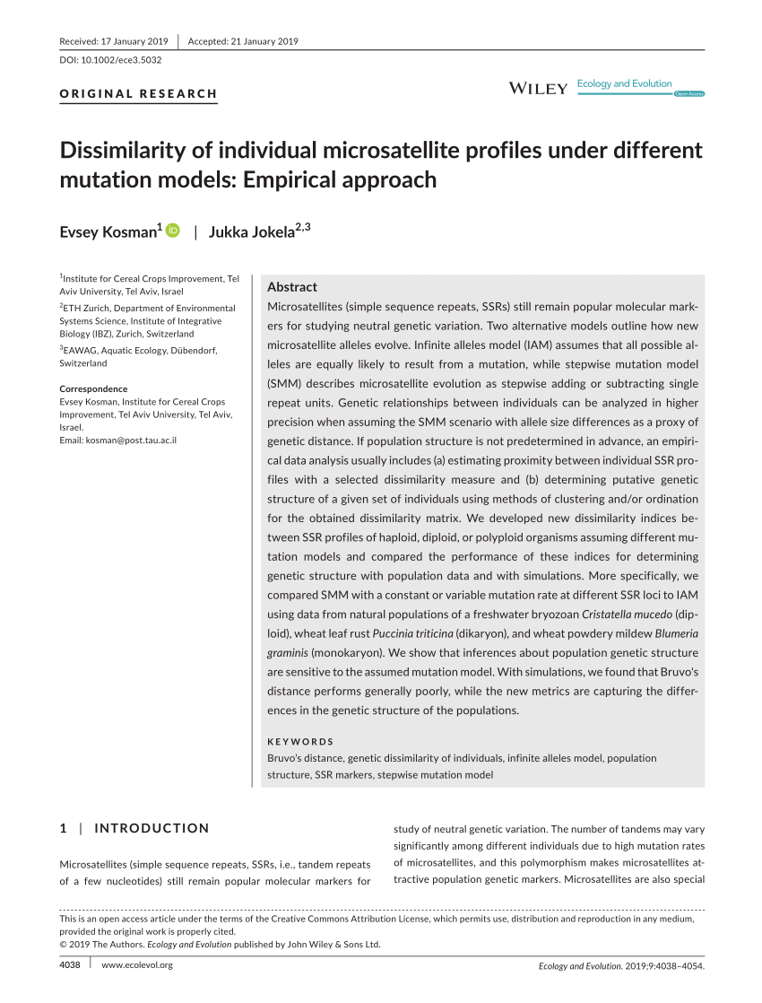Pdf Dissimilarity Of Individual Microsatellite Profiles Under Different Mutation Models Empirical Approach