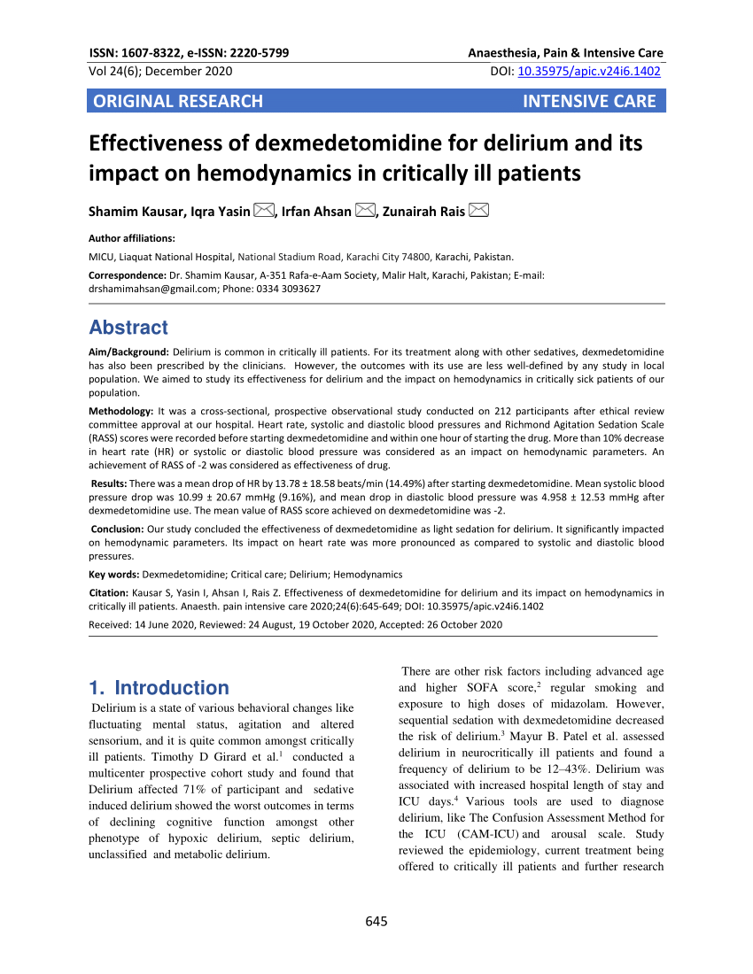 Frontiers  Dexmedetomidine Improves Cardiovascular and Ventilatory  Outcomes in Critically Ill Patients: Basic and Clinical Approaches