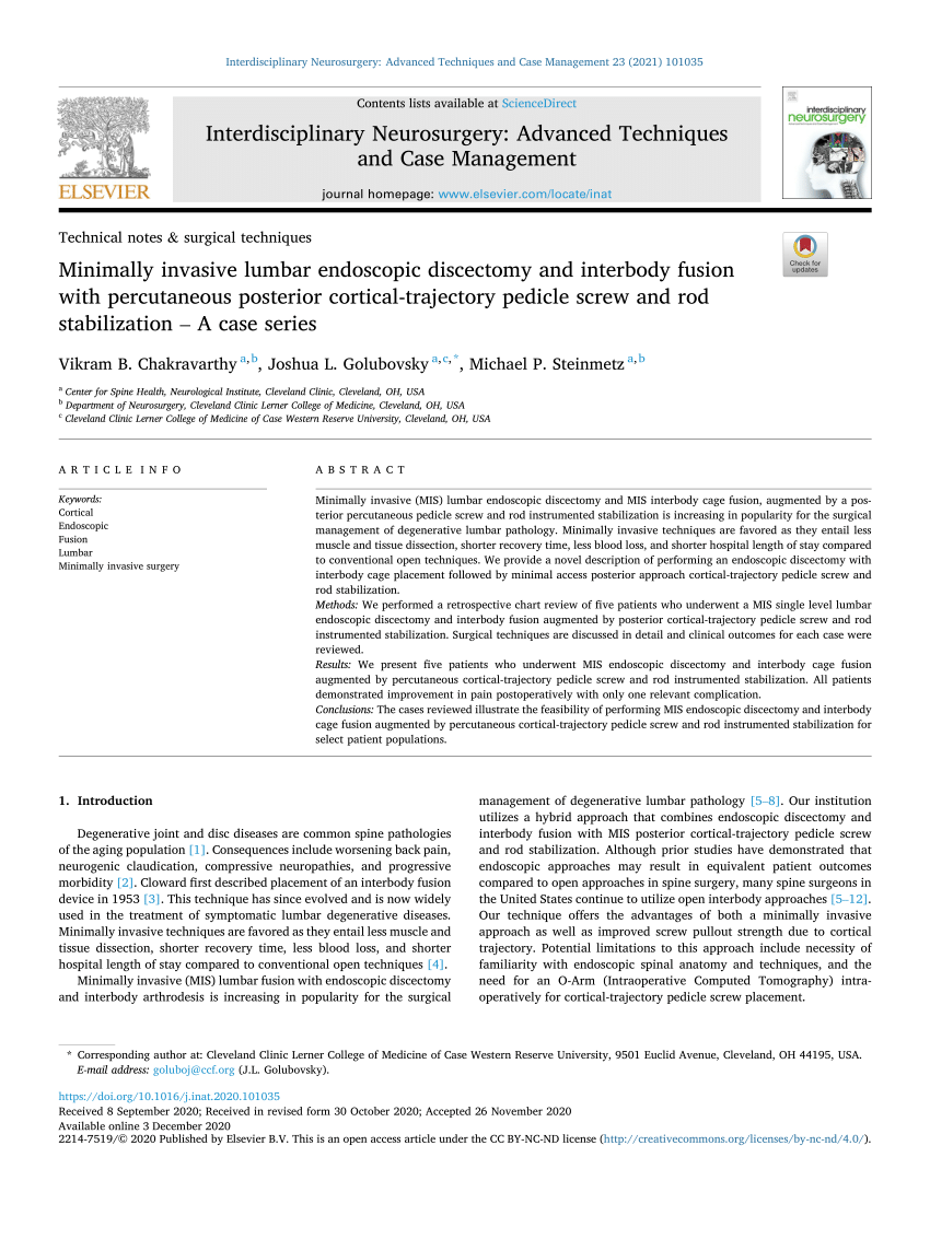 Pdf Minimally Invasive Lumbar Endoscopic Discectomy And Interbody Fusion With Percutaneous 5354