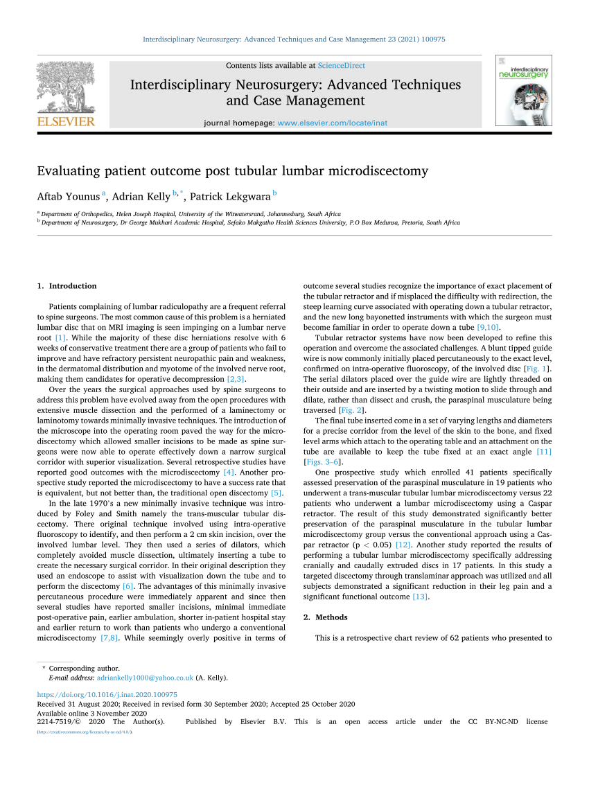 Pdf Evaluating Patient Outcome Post Tubular Lumbar Microdiscectomy 