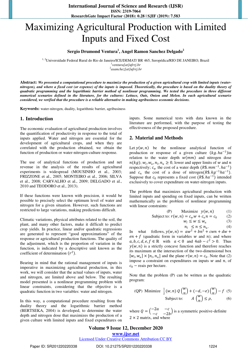 Pdf Licensed Under Creative Commons Attribution Cc By Maximizing Agricultural Production With 1854