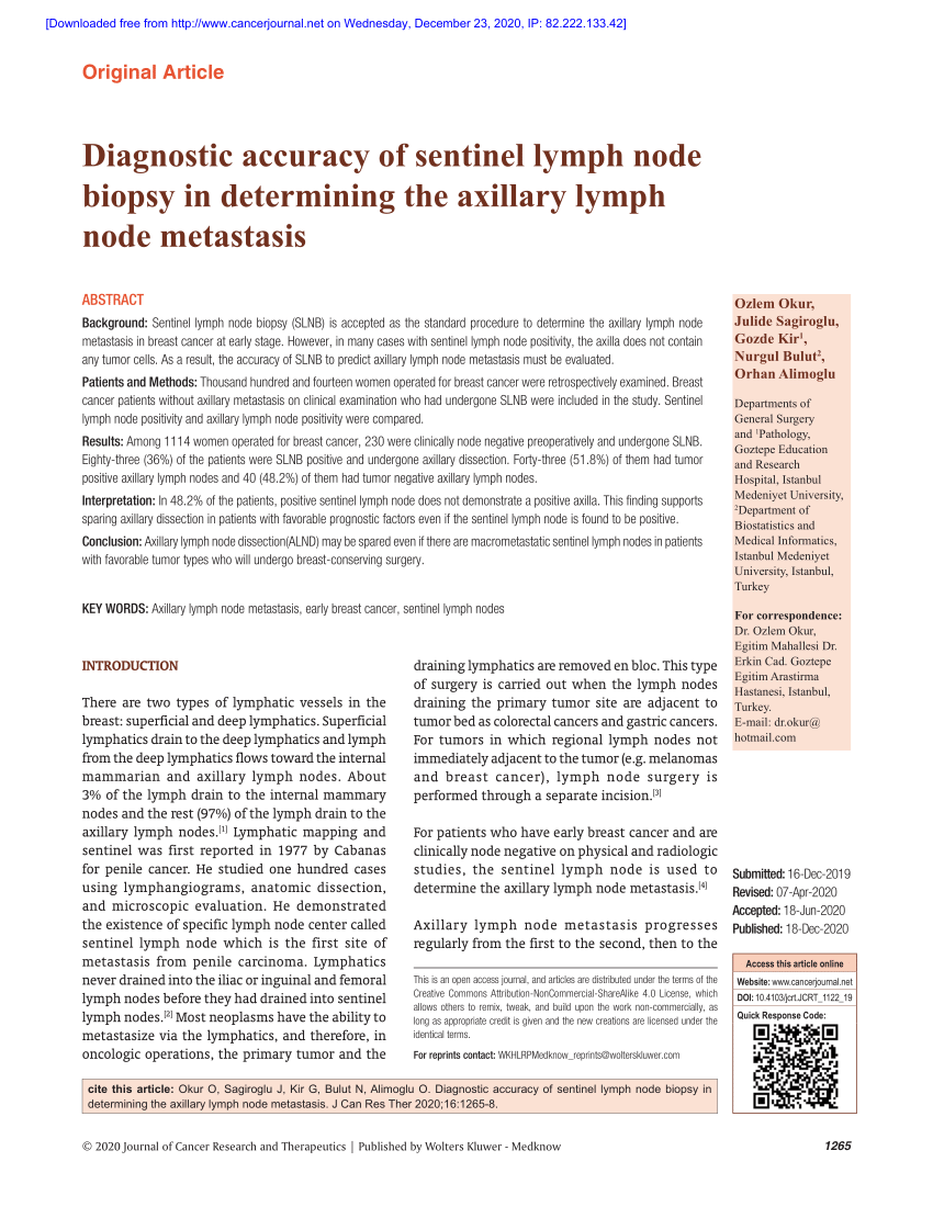 Pdf Diagnostic Accuracy Of Sentinel Lymph Node Biopsy In Determining The Axillary Lymph Node 