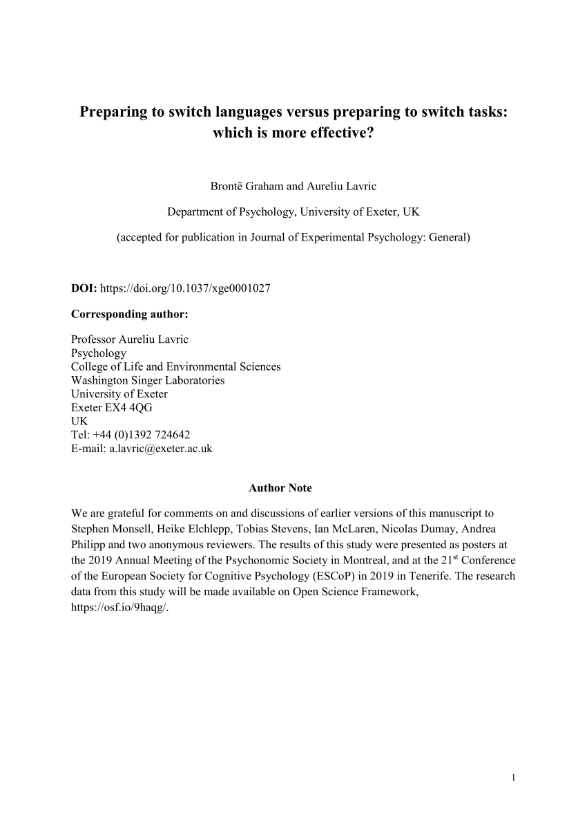 Pdf Preparing To Switch Languages Versus Preparing To Switch Tasks Which Is More Effective