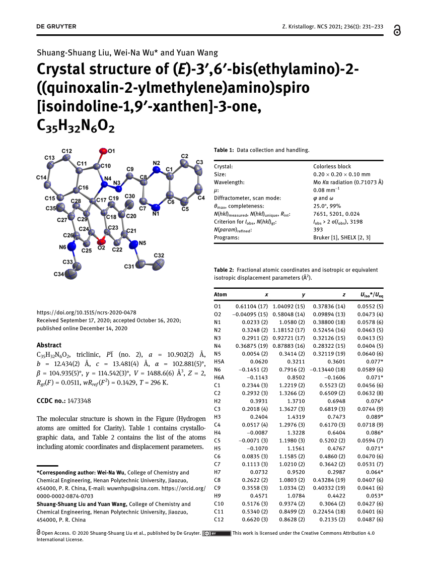 Pdf Crystal Structure Of E 3 6 Bis Ethylamino 2 Quinoxalin 2 Ylmethylene Amino Spiro Isoindoline 1 9 Xanthen 3 One C35h32n6o2