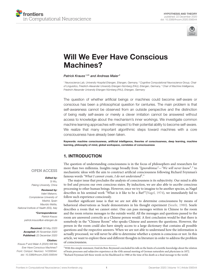 PDF) Will We Ever Have Conscious Machines?