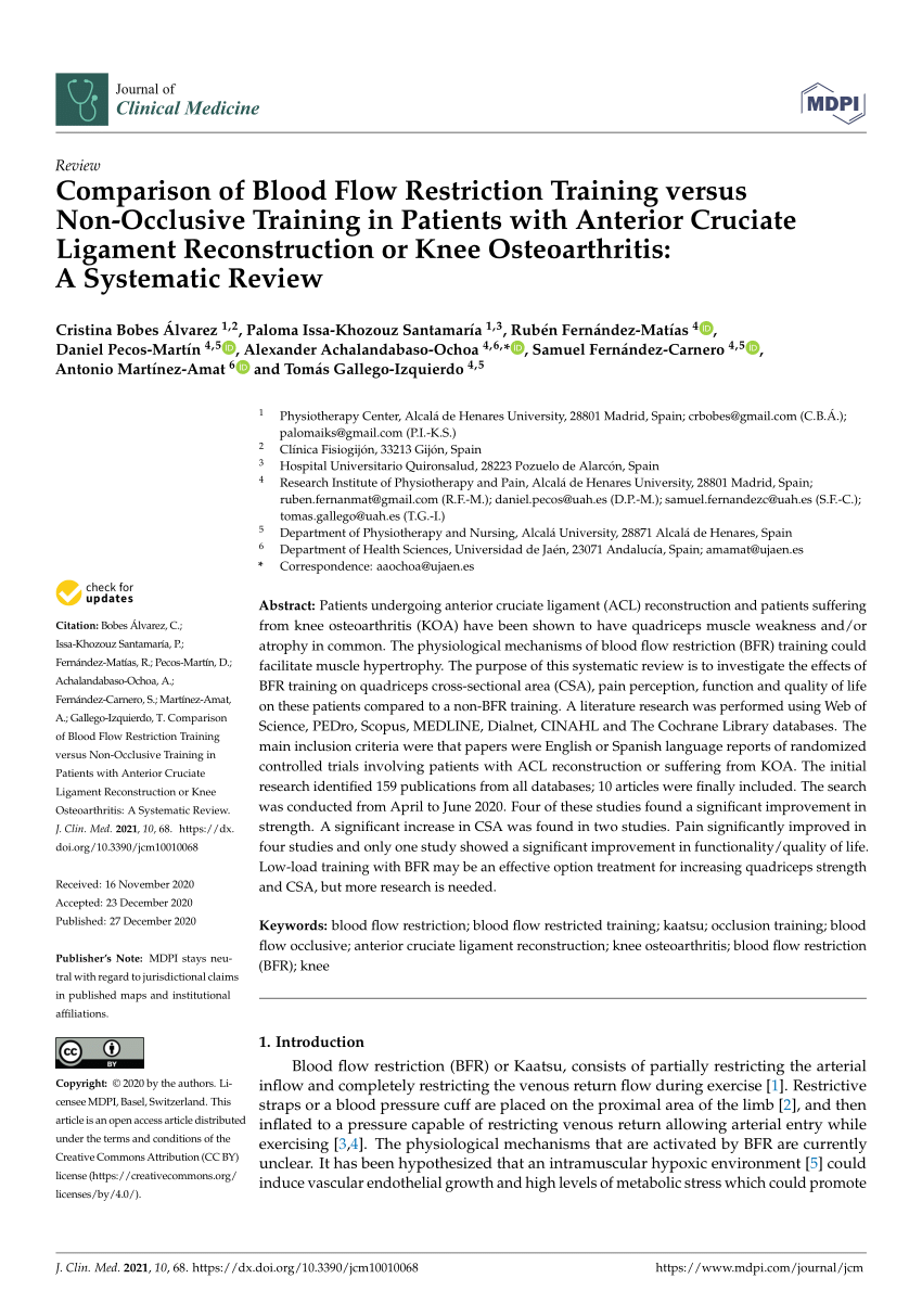 Pdf Comparison Of Blood Flow Restriction Training Versus Non Occlusive Training In Patients With Anterior Cruciate Ligament Reconstruction Or Knee Osteoarthritis A Systematic Review