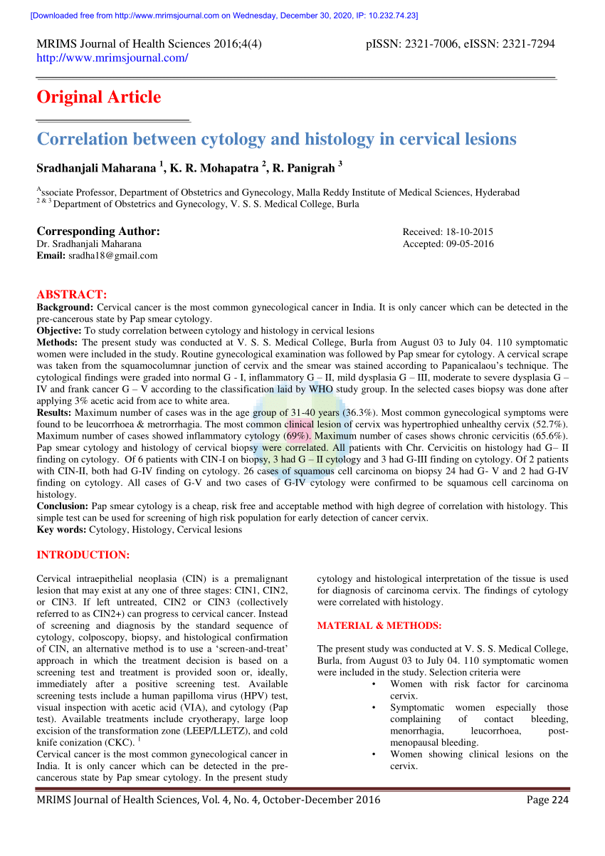 Pdf Correlation Between Cytology And Histology In Cervical Lesions 1252