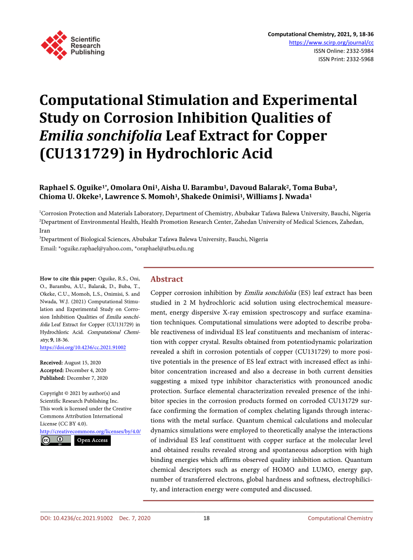 Pdf Computational Stimulation And Experimental Study On Corrosion Inhibition Qualities Of Emilia Sonchifolia Leaf Extract For Copper Cu In Hydrochloric Acid Computational Stimu Lation And Experimental Study On Corro Sion Inhibition Qualities