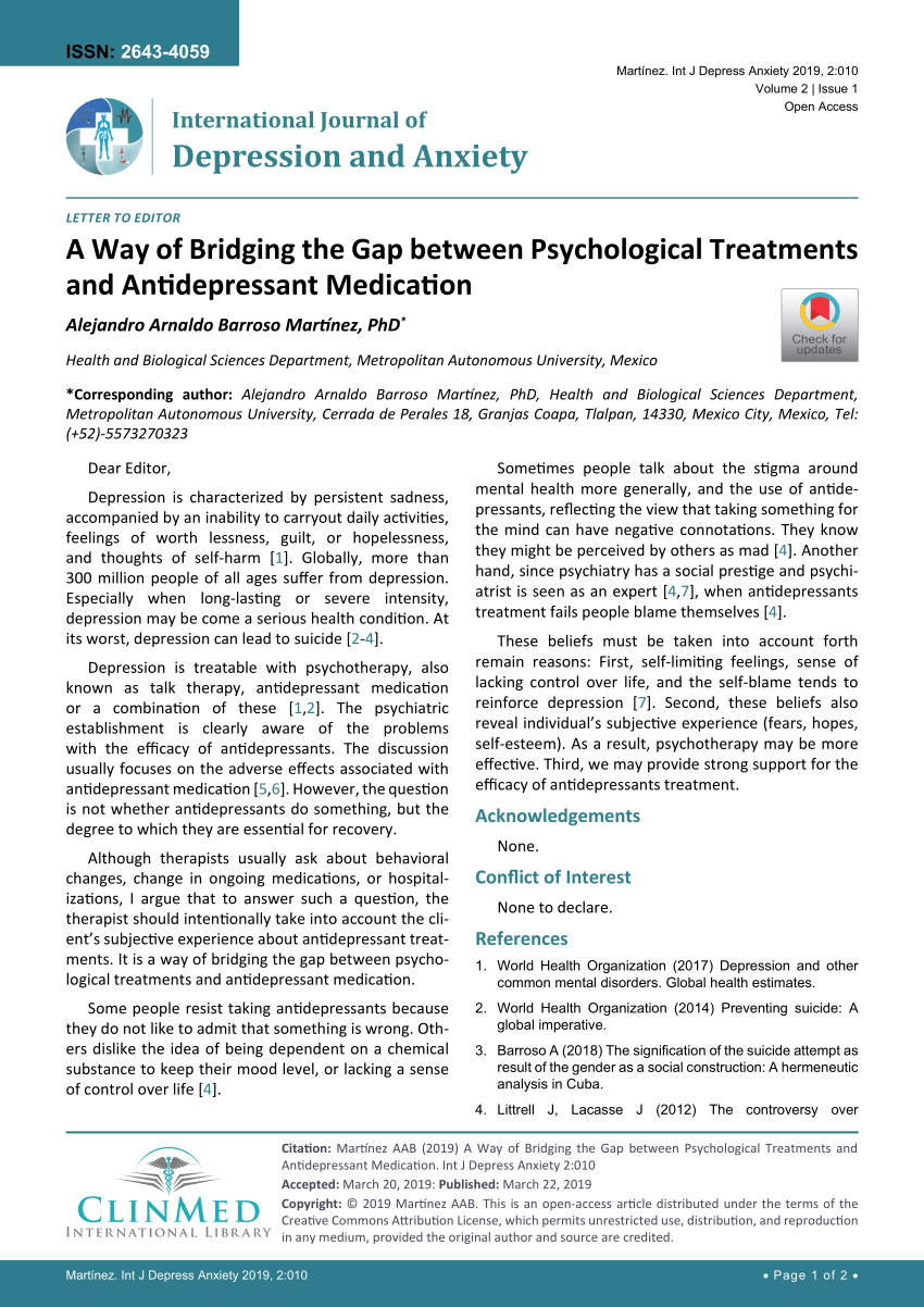 Pdf A Way Of Bridging The Gap Between Psychological Treatments And Antidepressant Medication