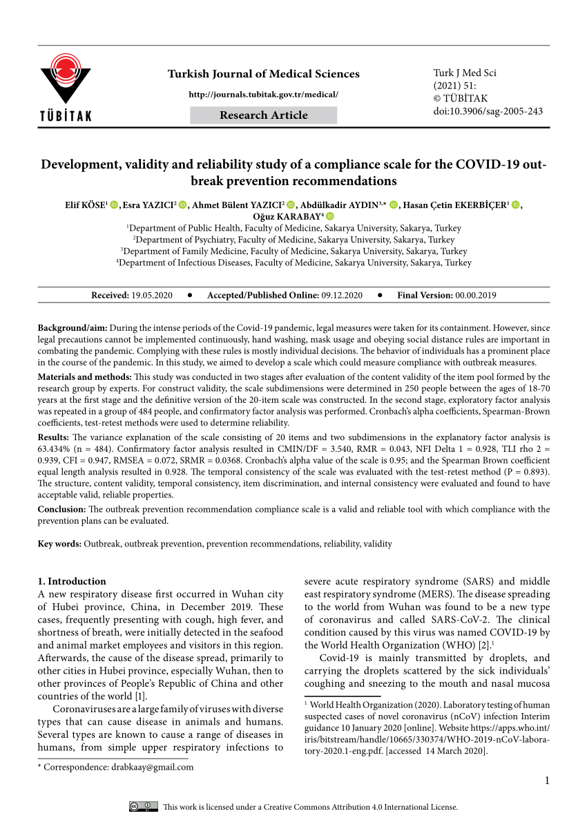 pdf development validity and reliability study of a compliance scale for the covid 19 outbreak prevention recommendations
