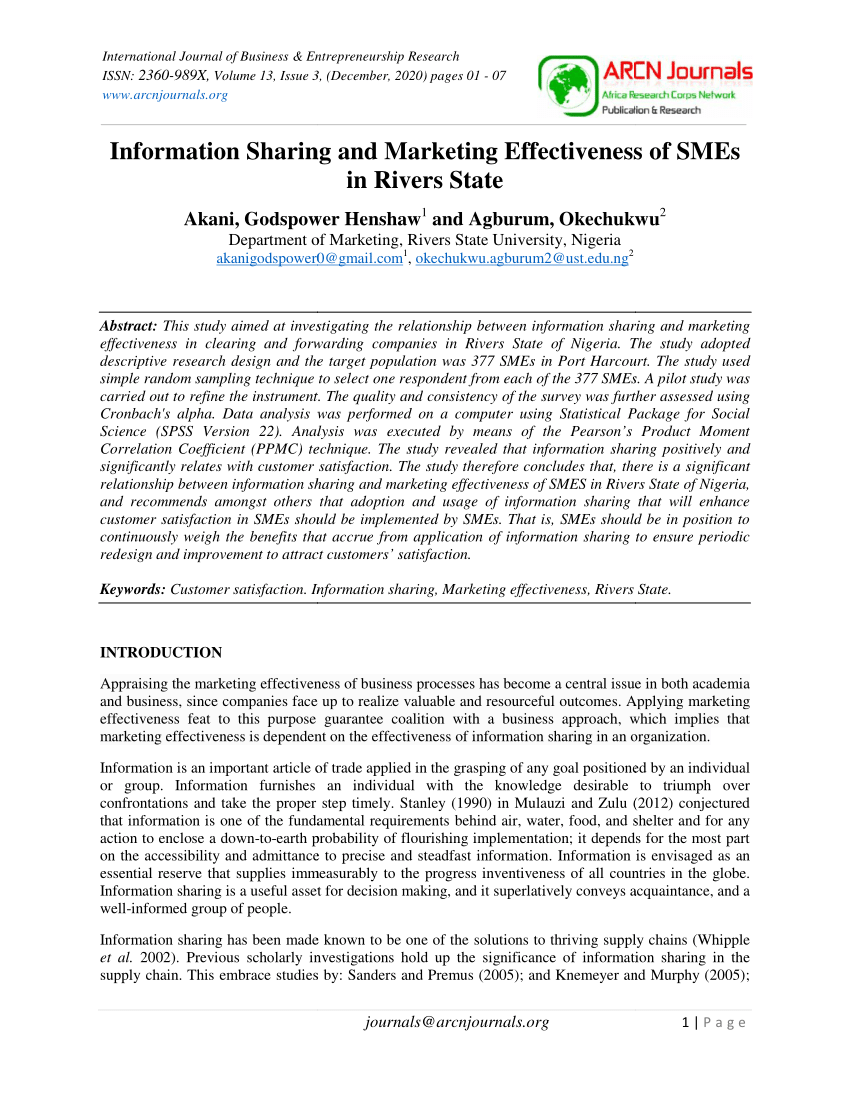 Pdf Information Sharing And Marketing Effectiveness Of Smes In Rivers State