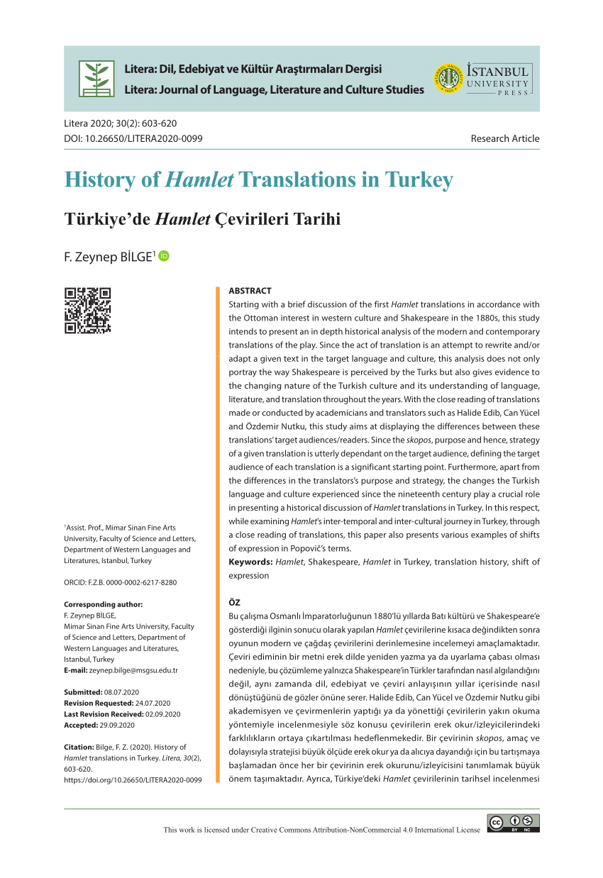 Pdf History Of Hamlet Translations In Turkey