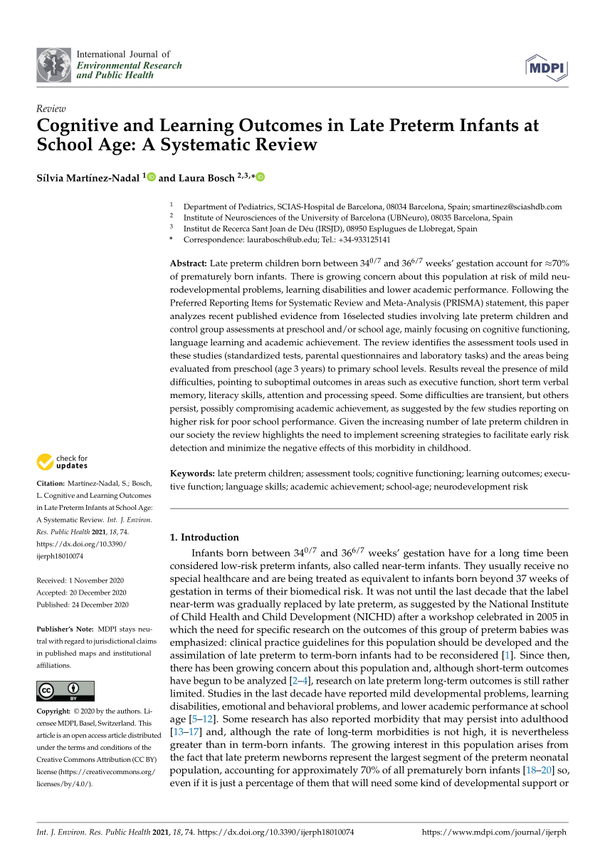 Pdf Cognitive And Learning Outcomes In Late Preterm Infants At School Age A Systematic Review