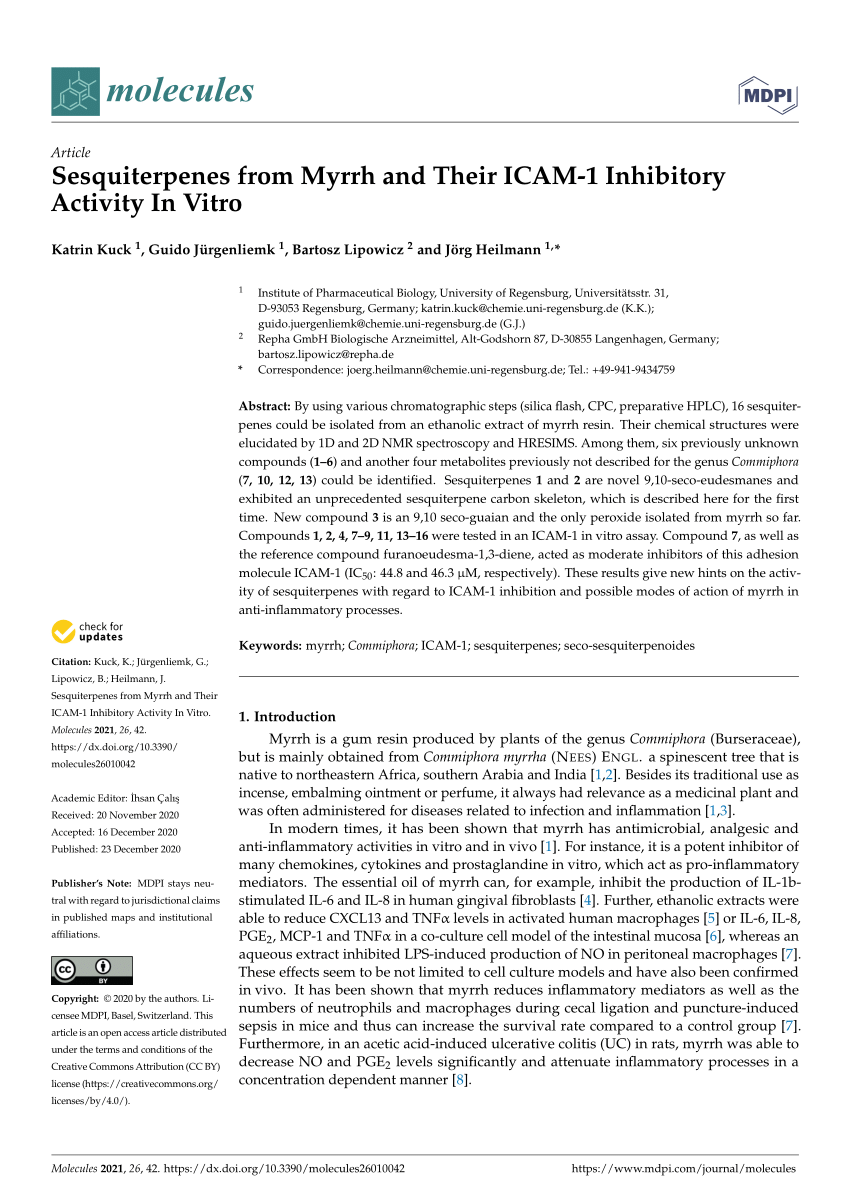 Pdf Sesquiterpenes From Myrrh And Their Icam 1 Inhibitory Activity In Vitro