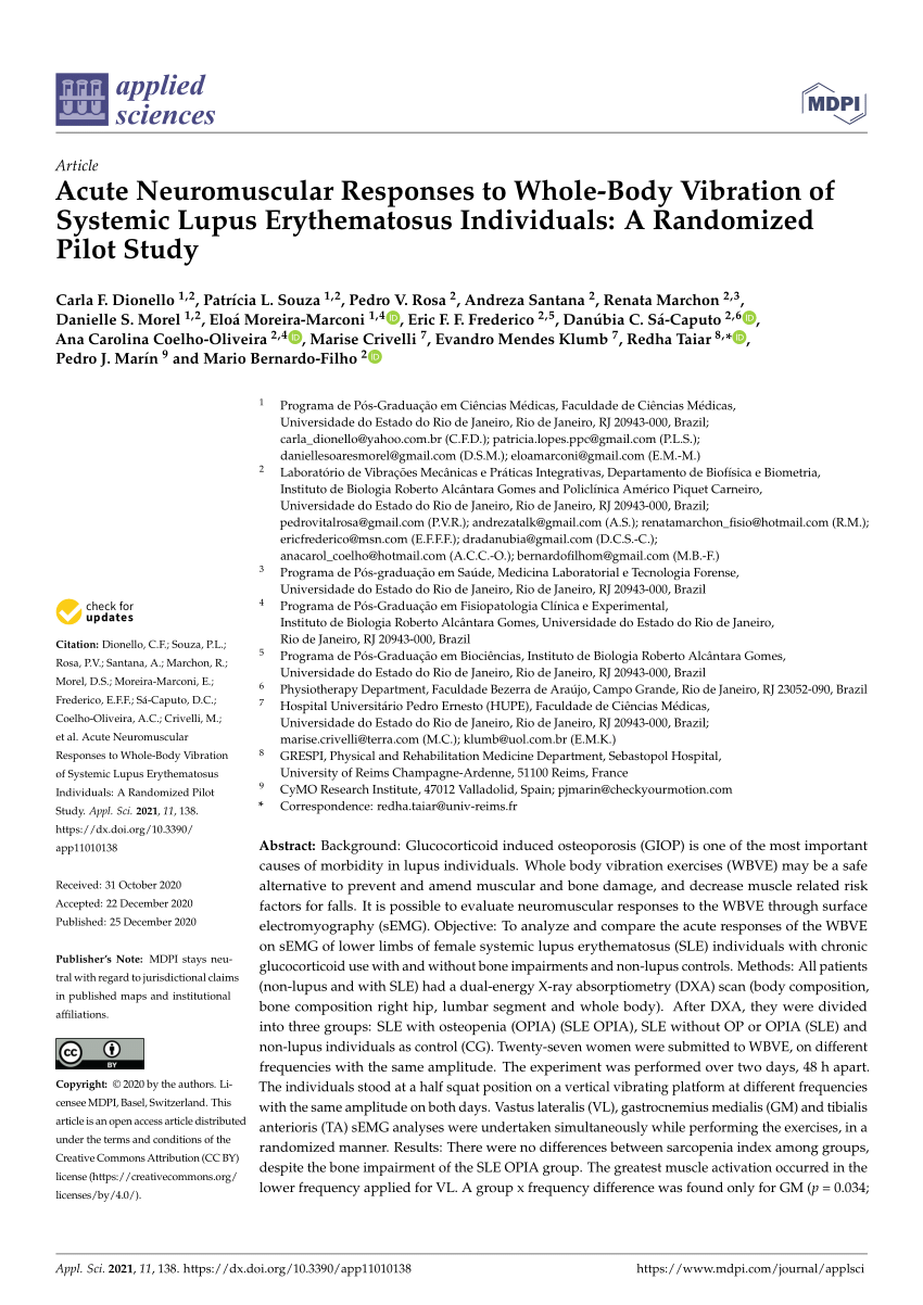Pdf Acute Neuromuscular Responses To Whole Body Vibration Of Systemic Lupus Erythematosus Individuals A Randomized Pilot Study