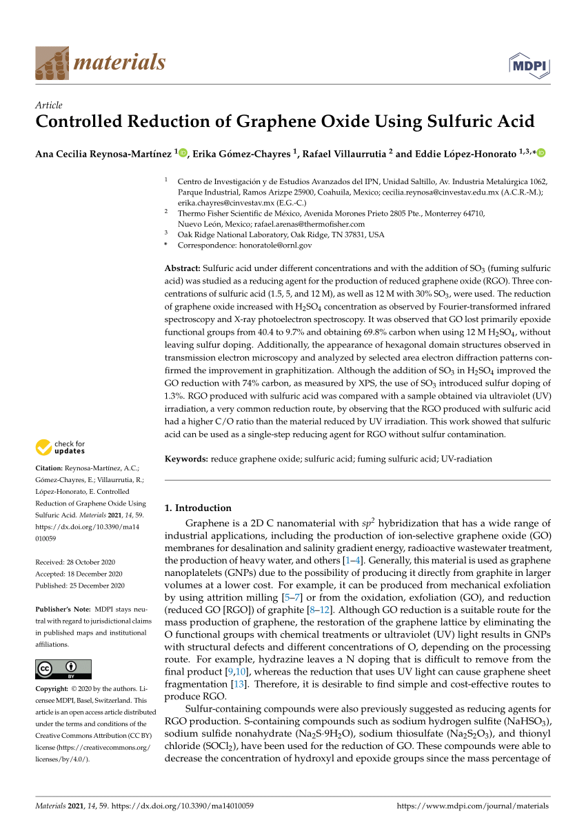 Pdf Controlled Reduction Of Graphene Oxide Using Sulfuric Acid