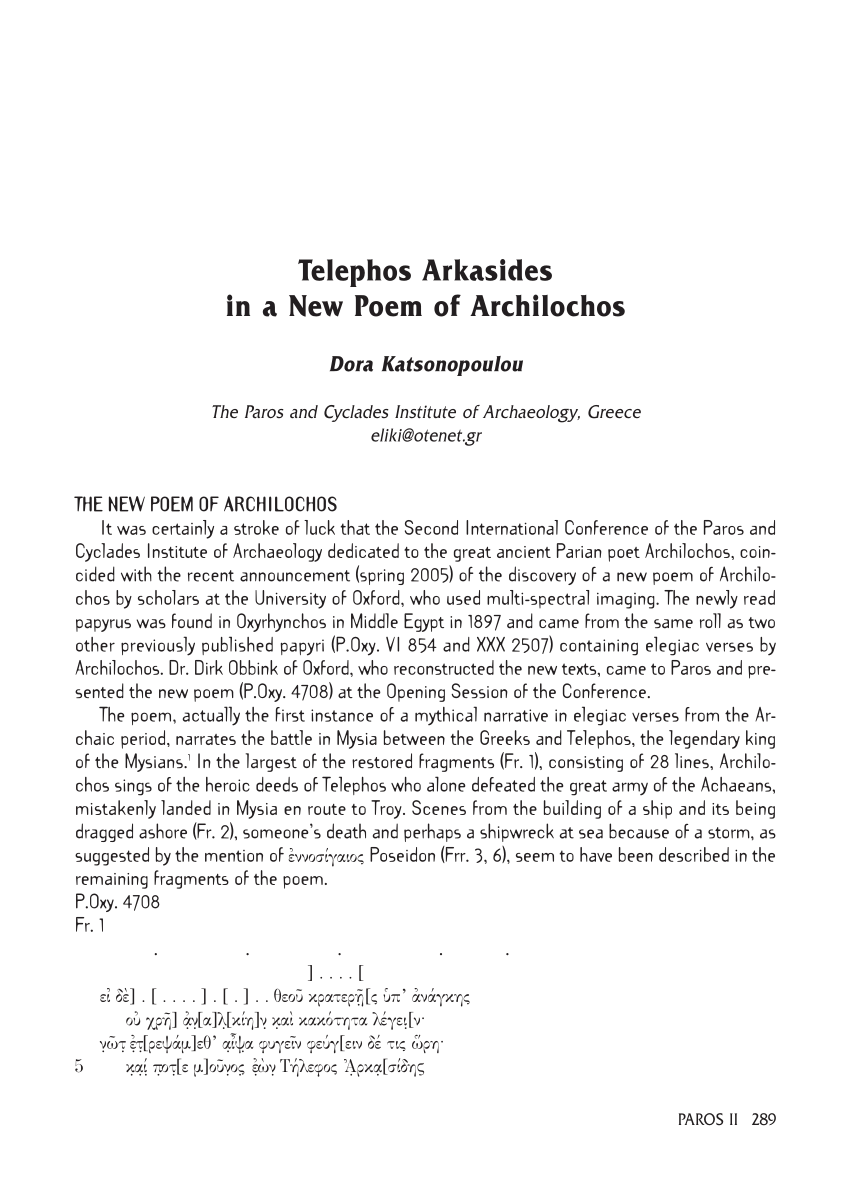 Pdf Telephos Arkasides In A New Poem Of Archilochos