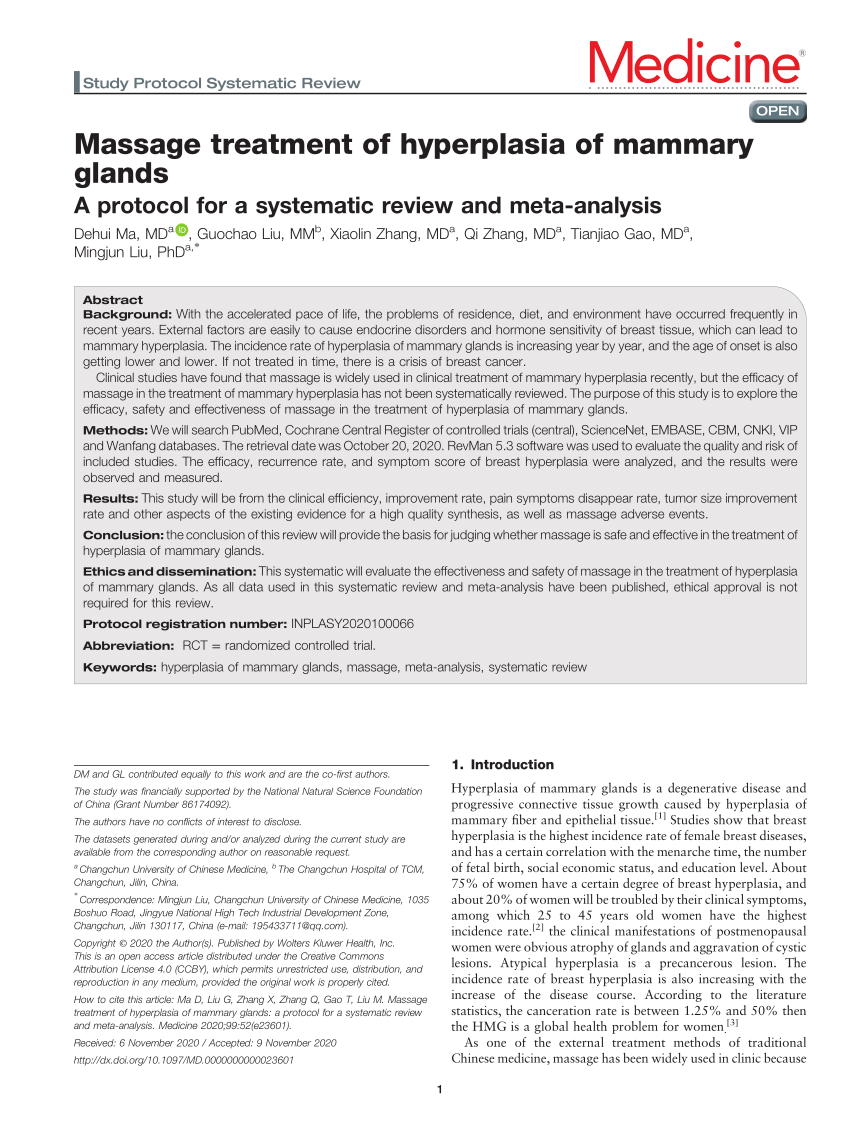 Pdf Massage Treatment Of Hyperplasia Of Mammary Glands A Protocol For A Systematic Review And