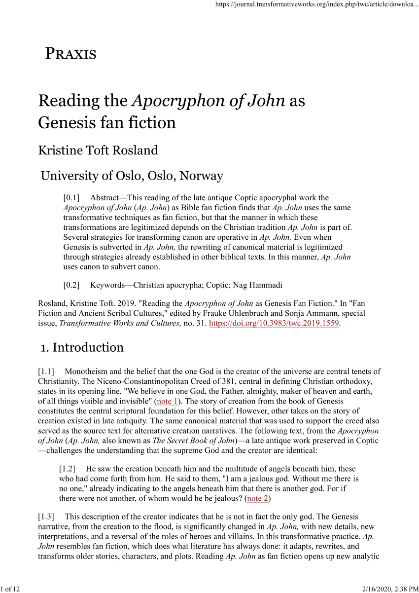 PDF) Reading the Apocryphon of John as Genesis fan fiction