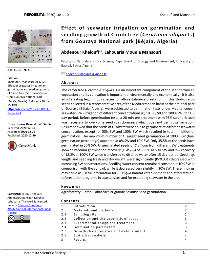 Pdf Effect Of Seawater Irrigation On Germination And Seedling Growth Of Carob Tree Ceratonia Siliqua L From Gouraya National Park Bejaia Algeria