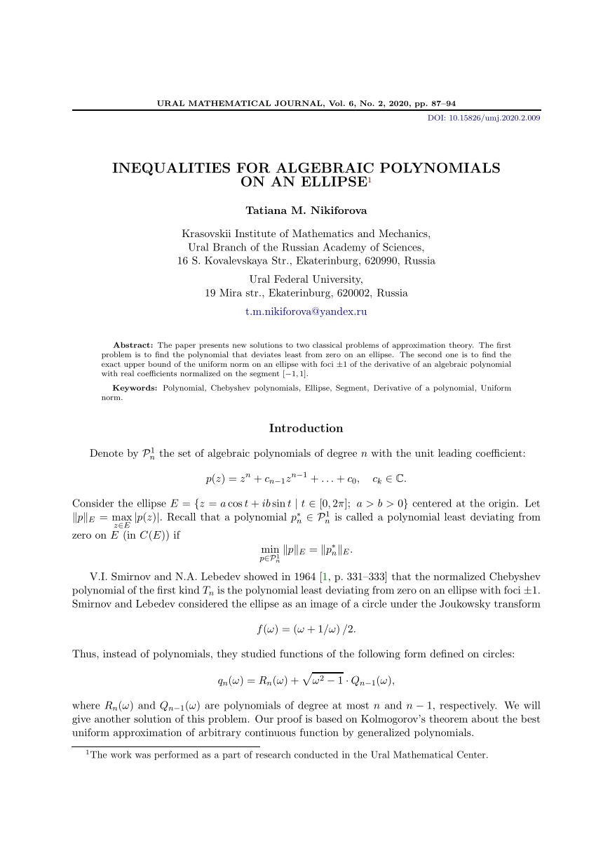 Pdf Inequalities For Algebraic Polynomials On An Ellipse