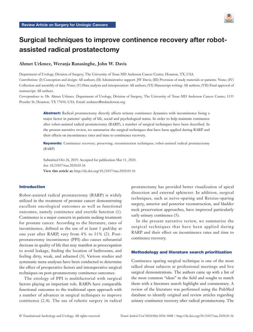 PDF Surgical Techniques To Improve Continence Recovery After Robot Assisted Radical Prostatectomy