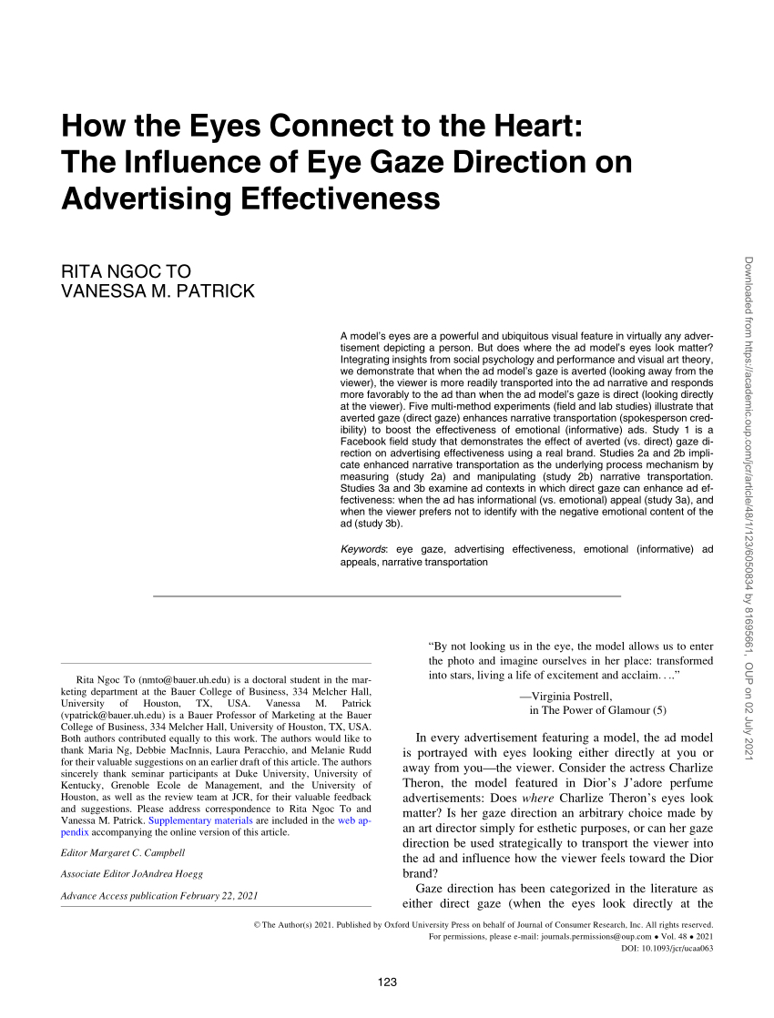 Effects of Model Eye Gaze Direction on Ads Performance
