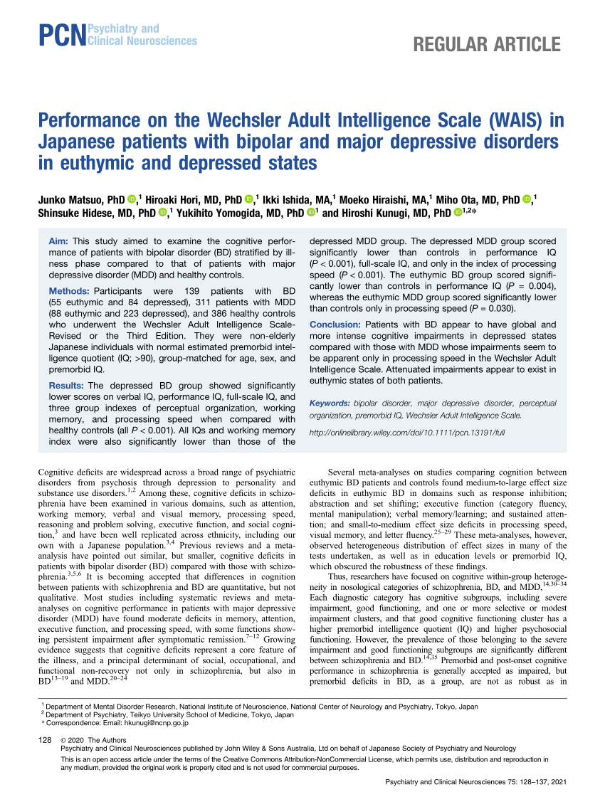 Pdf Performance On The Wechsler Adult Intelligence Scale Wais In Japanese Patients With