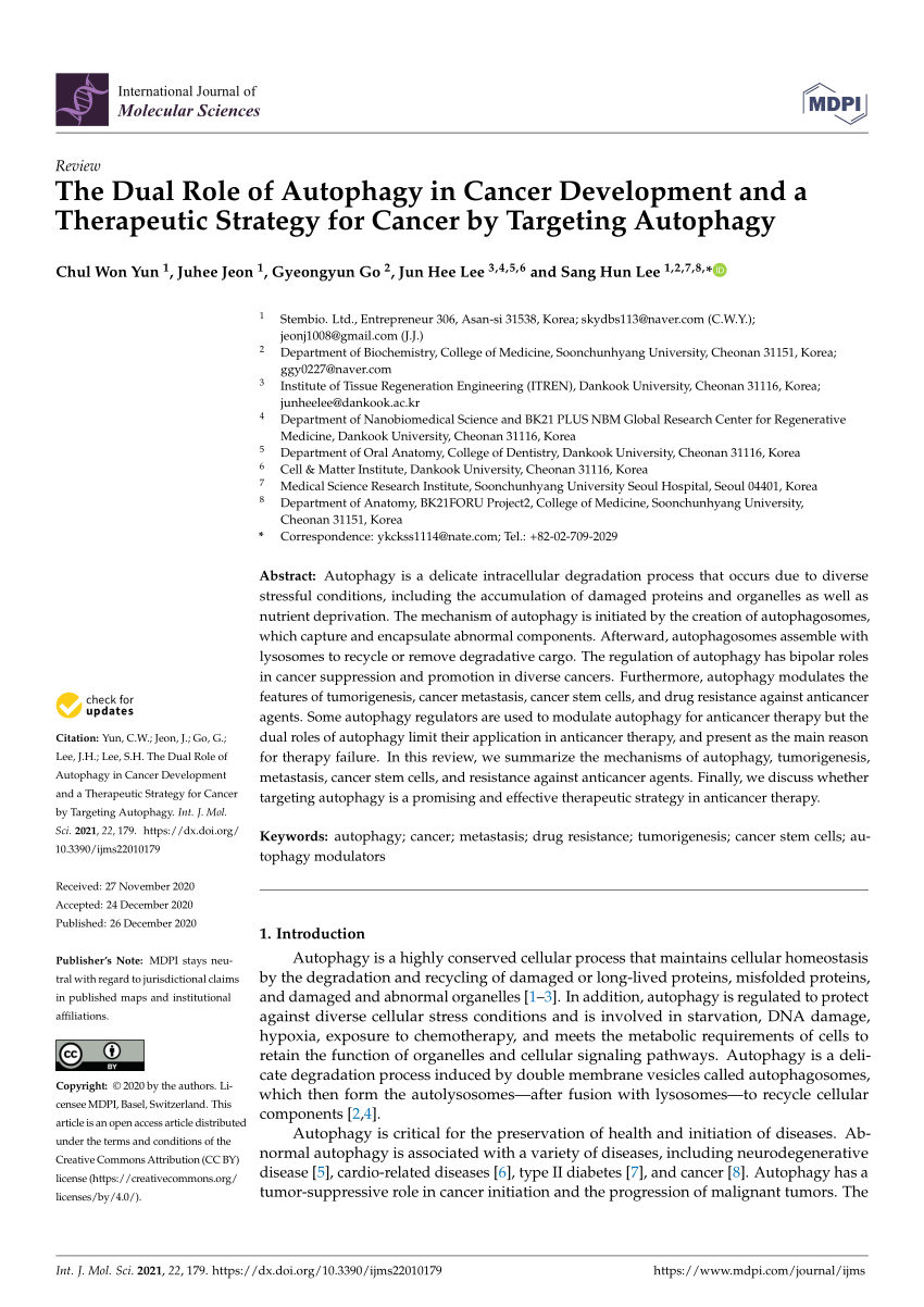 Pdf The Dual Role Of Autophagy In Cancer Development And A Therapeutic Strategy For Cancer By Targeting Autophagy