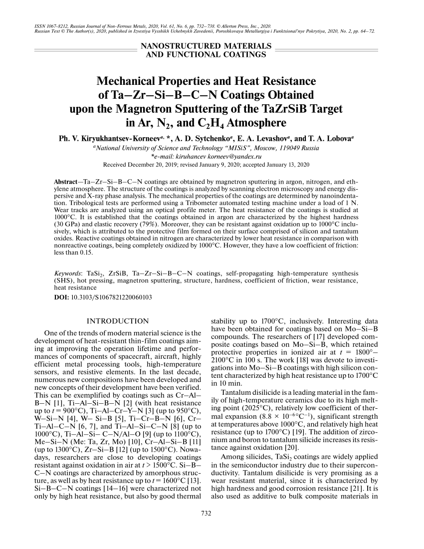 Pdf Mechanical Properties And Heat Resistance Of Ta Zr Si B C N Coatings Obtained Upon The Magnetron Sputtering Of The Tazrsib Target In Ar N2 And C2h4 Atmosphere