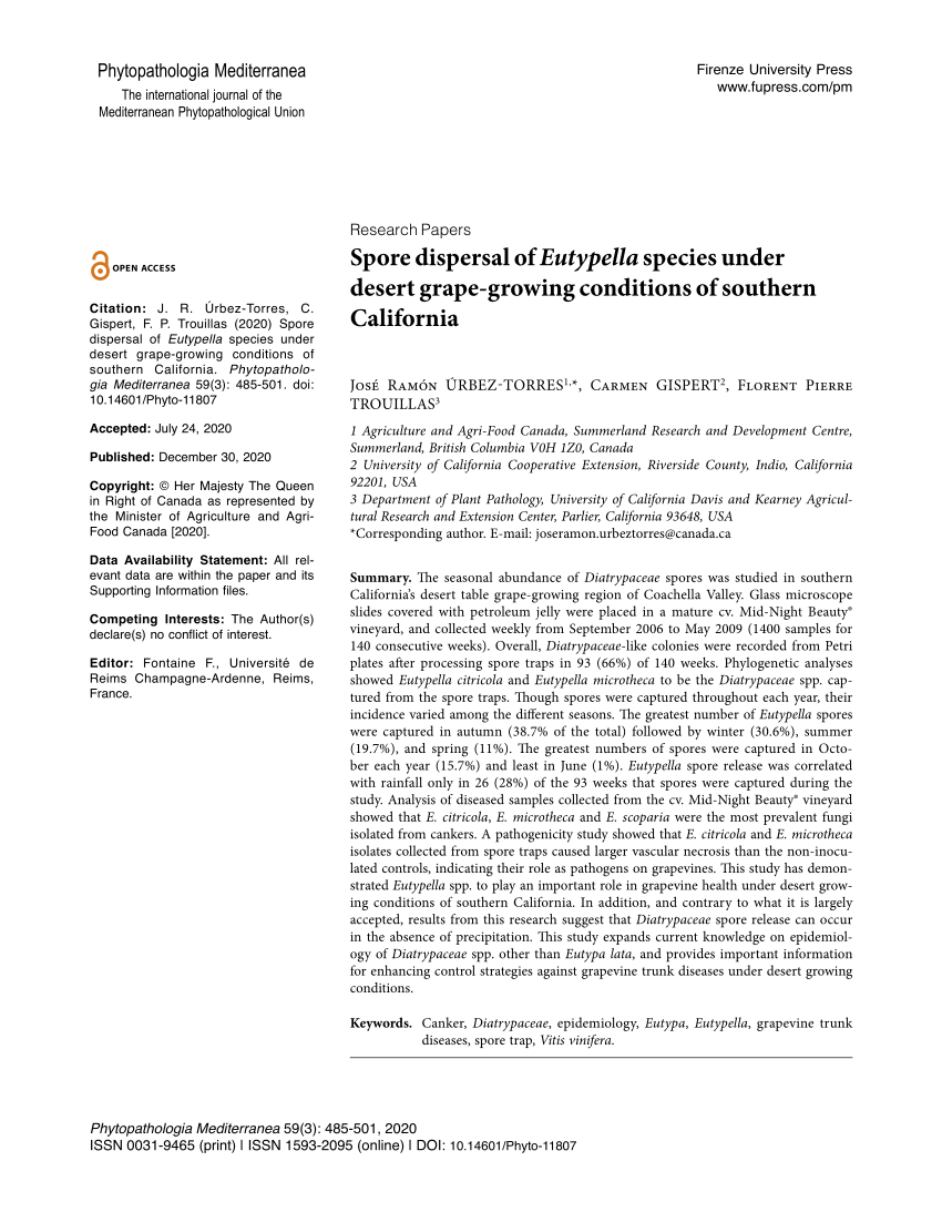 PDF) Spore dispersal of Eutypella species under desert grape-growing  conditions of southern California