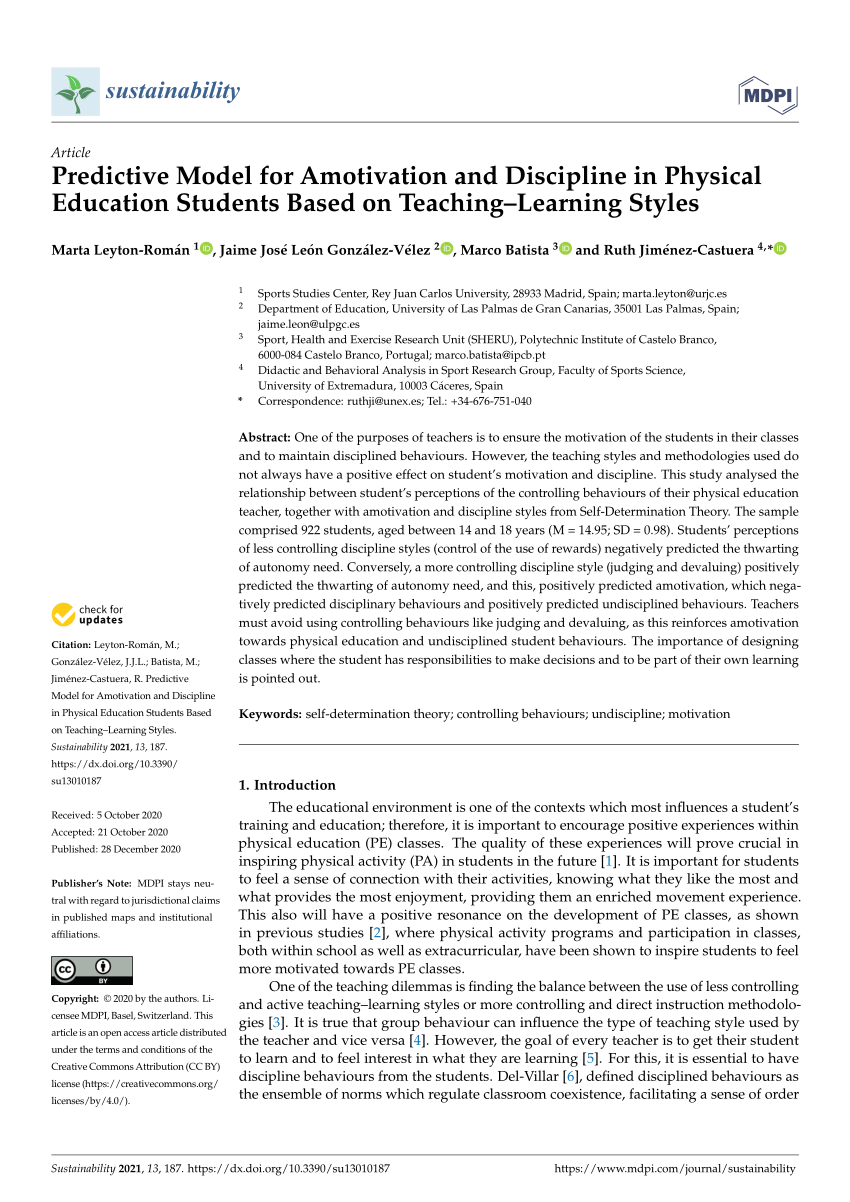 Pdf Predictive Model For Amotivation And Discipline In Physical Education Students Based On Teaching Learning Styles