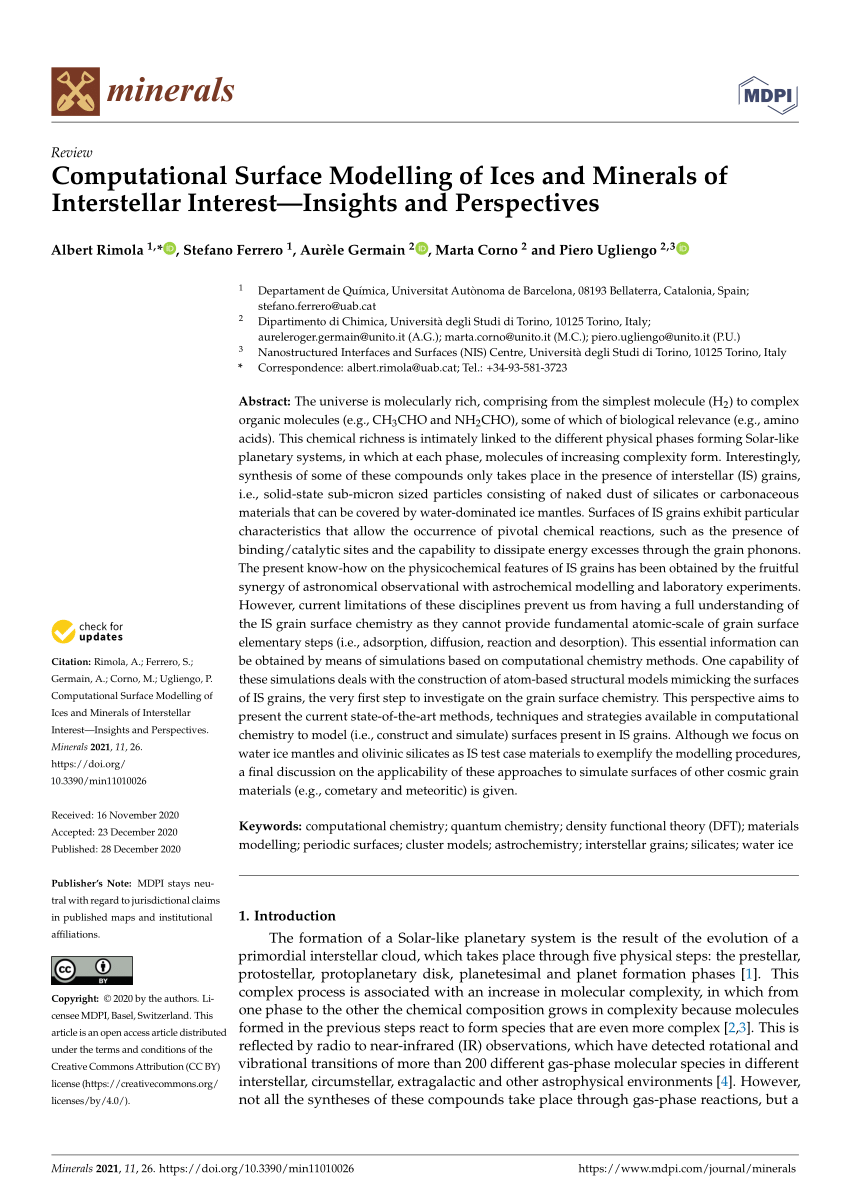 Pdf Computational Surface Modelling Of Ices And Minerals Of Interstellar Interest Insights And Perspectives