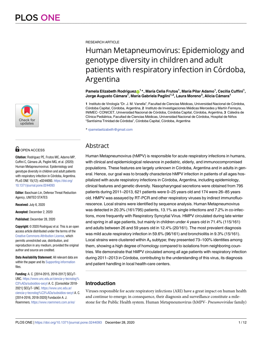 Pdf Human Metapneumovirus Epidemiology And Genotype Diversity In Children And Adult Patients With Respiratory Infection In Cordoba Argentina