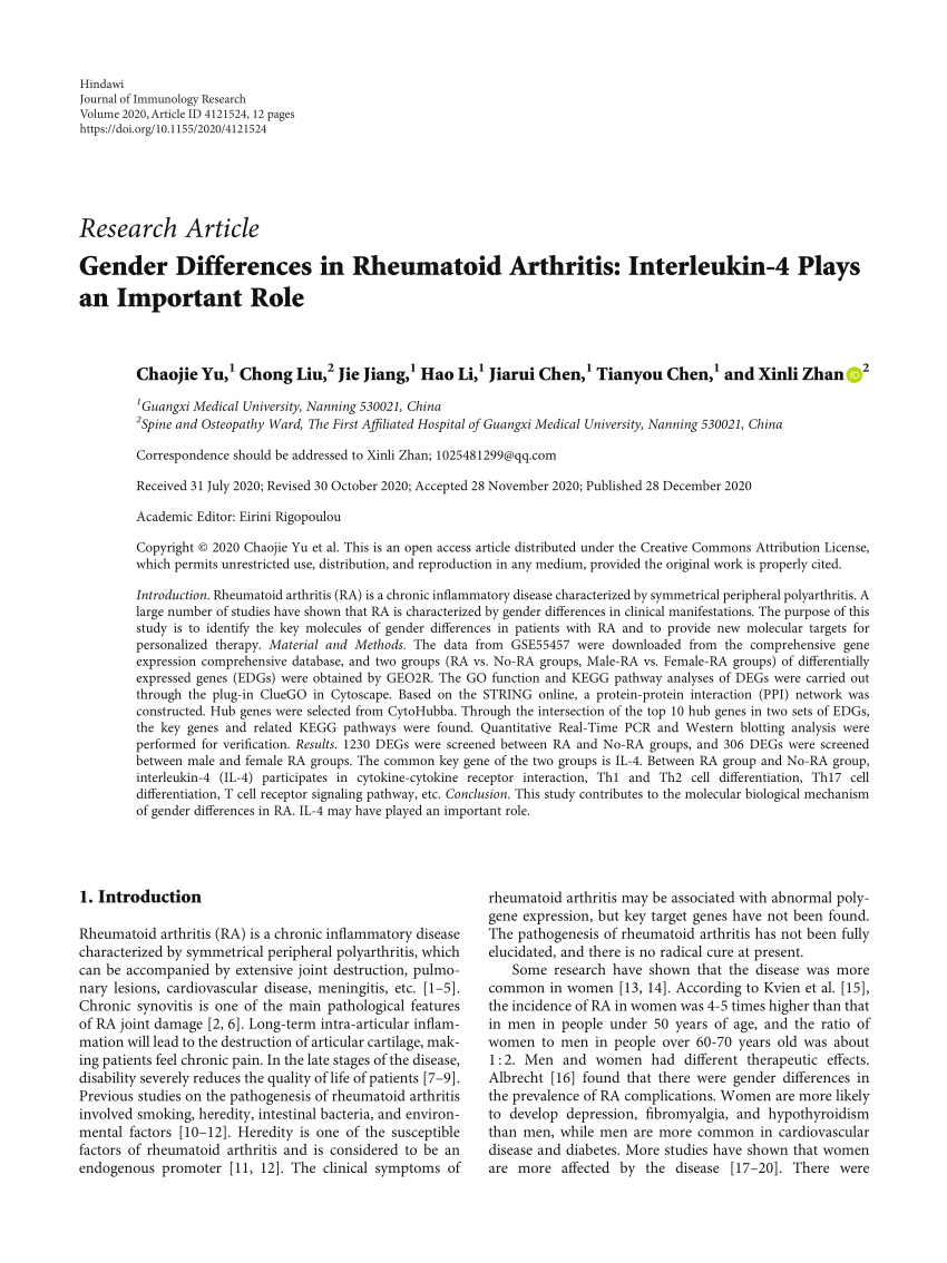 Pdf Gender Differences In Rheumatoid Arthritis Interleukin 4 Plays An Important Role 3203