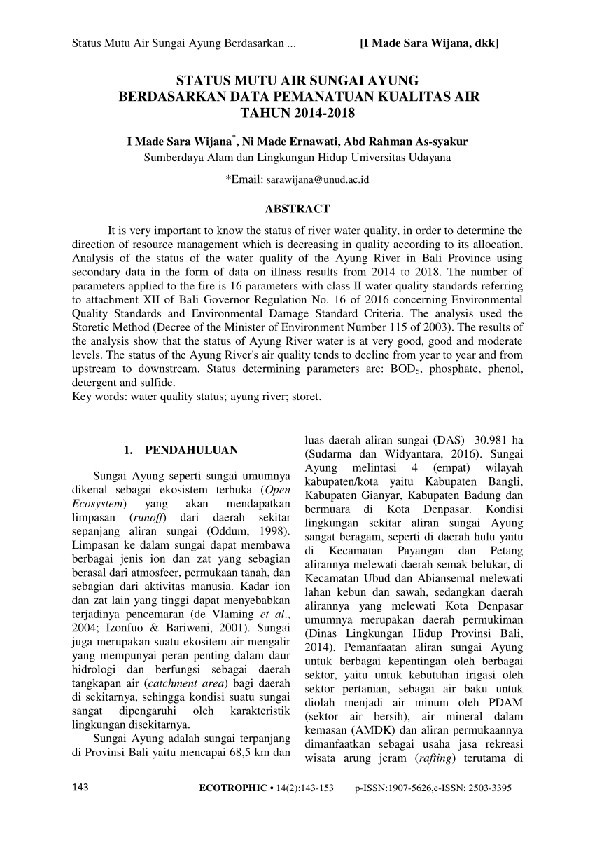 Pdf Status Mutu Air Sungai Ayung Berdasarkan Data Pemantauan Kualitas Air Tahun 2014 2018 3816